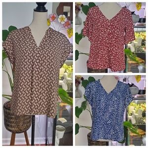 (3) EUC Blouses Shein Tops Size Medium Tan Red Blue